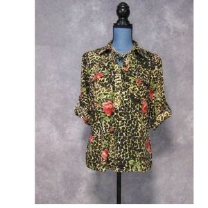 Cathy Brown Black Print Blouse Red Roses Size M